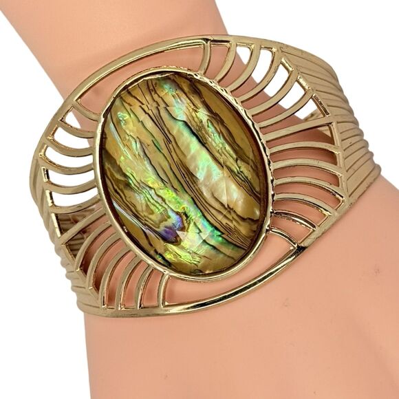 Polished Gold Tone Cuff Bracelet 7" Open Work  Foil Design Boho Bohemian - Picture 1 of 9